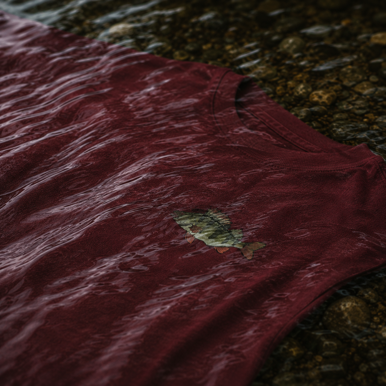 Partial view of a deep red WearYourCatch garment in shallow water