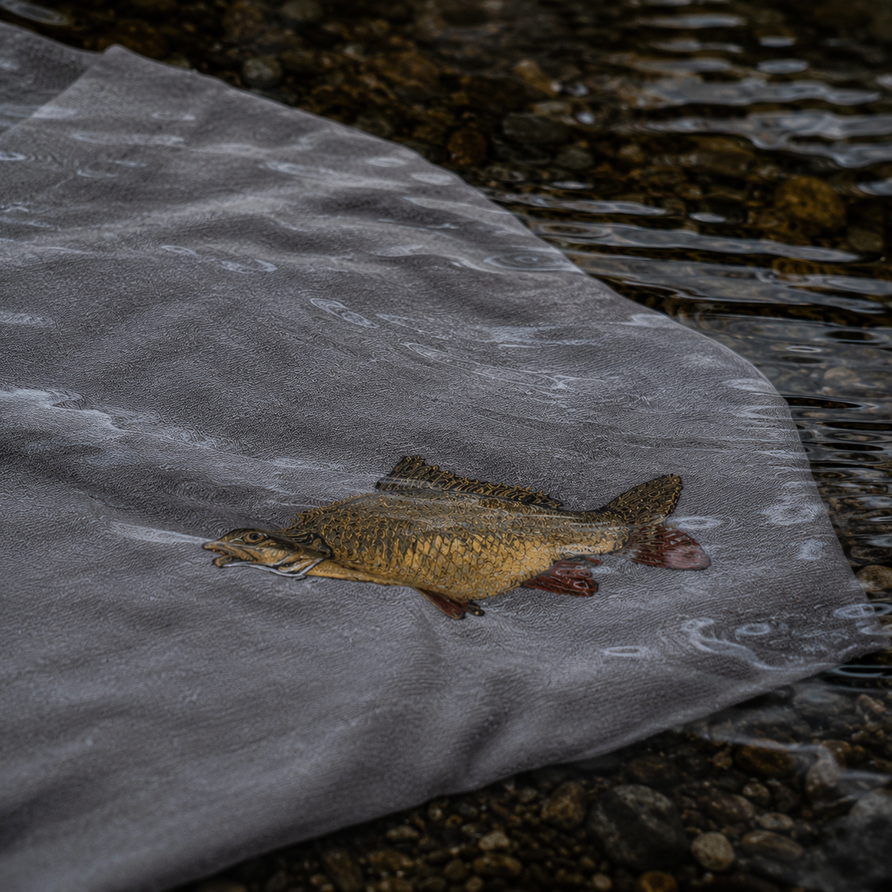 Partial view of a stone-coloured WearYourCatch garment in shallow water